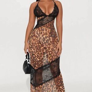 Amaya Leopard Lace Chiffon Maxi Dress - Leopard - M